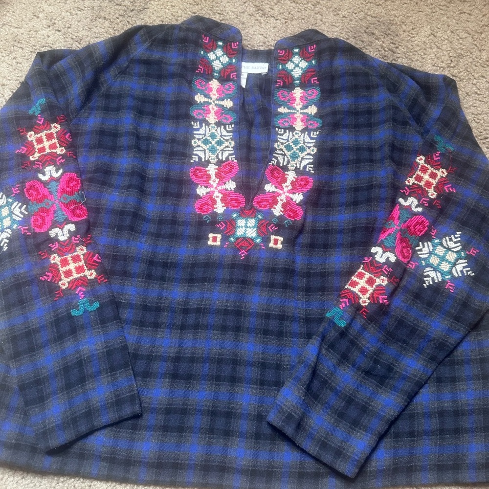 CHRISTOPHER SAUVAT STUNNING Multi Colored Embroidered Blue Plaid Women's Top